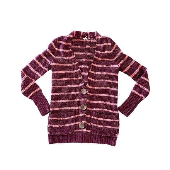 Free People Coastal Beach Chunky Knit Long Cardigan Maroon & Pink Stripe - XS - Picture 2 of 7
